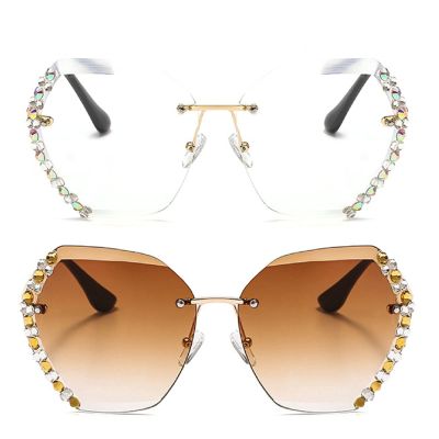 willochra 2pcs rhinestones Rimless Sunglasses Woman Sexy Diamond square Candy colors Sun Glasses Gradient party Shades for Female (2pcs-brown&clear)