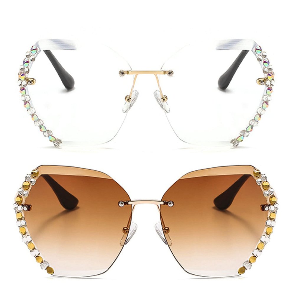 willochra 2pcs rhinestones Rimless Sunglasses Woman Sexy Diamond square Candy colors Sun Glasses Gradient party Shades for Female (2pcs-brown&clear)