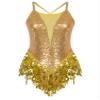 iiniim Women's Shiny Sequins Tassel Latin Jazz Dance Leotard Bodysuit Crisscross Back Lyrical Dance Costume Gold Medium view 4