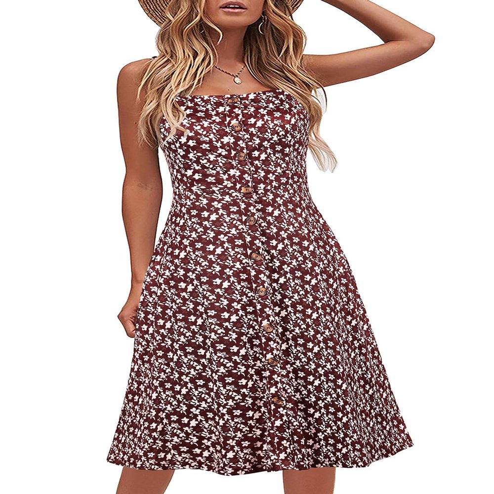 Berydress Casual Summer Dresses 2025 Vacation Outfits Spaghetti Strap Sexy Backless Button Down Beach Boho Floral Midi Dress (XL, 6046-BD Floral)