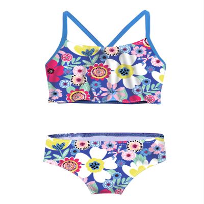 easyforever Kids Girls Two Piece Tropical Palm Printed Tankini Swimsuit Crop Top with Bottom Bikini Outfit Swimwear Tulip Blue 3-4 Years