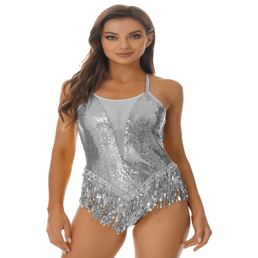iiniim Women's Shiny Sequins Tassel Latin Jazz Dance Leotard Bodysuit Crisscross Back Lyrical Dance Costume Silver Medium