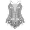 iiniim Women's Shiny Sequins Tassel Latin Jazz Dance Leotard Bodysuit Crisscross Back Lyrical Dance Costume Silver Medium view 3