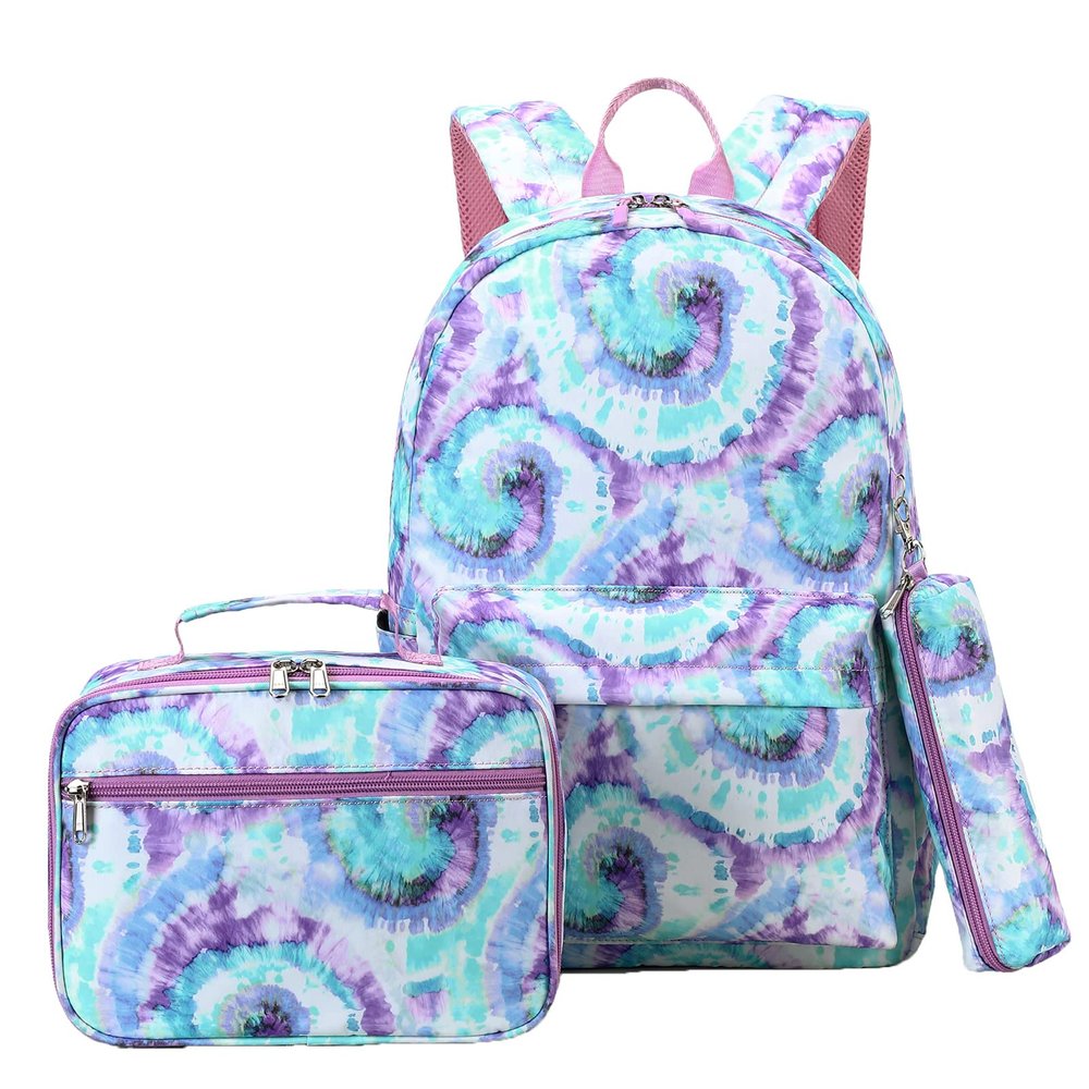 ZHIERNA School Backpack 3PCs Set With Lunch Bag, Tie Dye Bookbags with Pen Case For Teen Girls Kindergarten Elementary(Green)