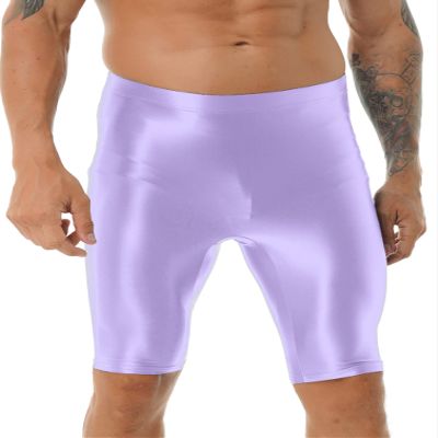 Jhaoyu Men Glossy Compression Shorts Gym Shorts Running Yoga Swimming Cycling Short Pants Workout Leggings Light Purple X-Large