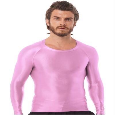 Jhaoyu Men Glossy O Neck Long Sleeve Compression Shirts Athletic Workout T-Shirts Slim Fit Tops Sportwear Pink X-Large