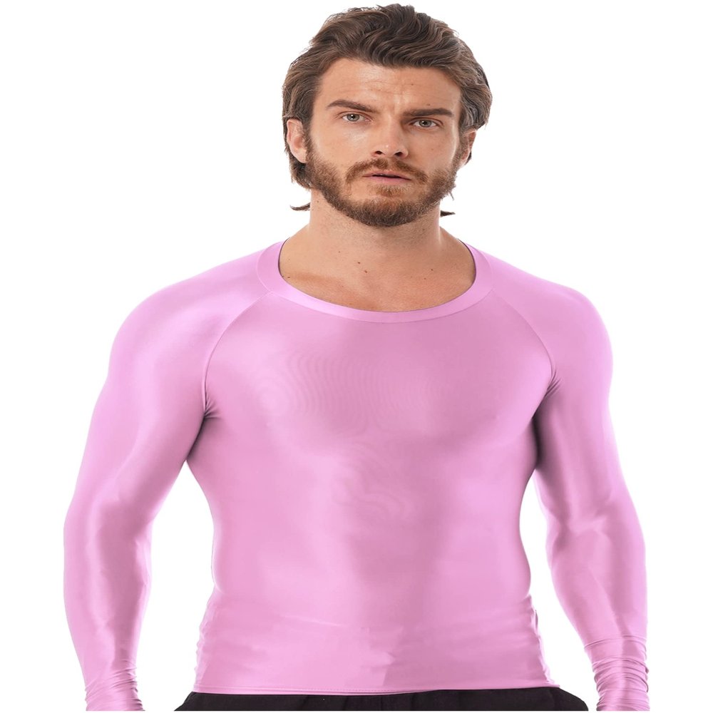 Jhaoyu Men Glossy O Neck Long Sleeve Compression Shirts Athletic Workout T-Shirts Slim Fit Tops Sportwear Pink X-Large
