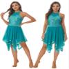 FEESHOW Women's Shiny Sequin Lyrical Dance Dress Asymmetrical Long Maxi Dresses Ballet Dancewear F0536-Green X-Large view 3