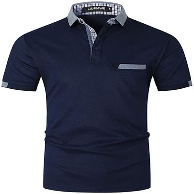 LIUPMWE Polo Shirts for Men with Pocket Elegante Plaided Short Sleeve Cotton T Shirts Golf Shirt,B-Blue 01,XXL