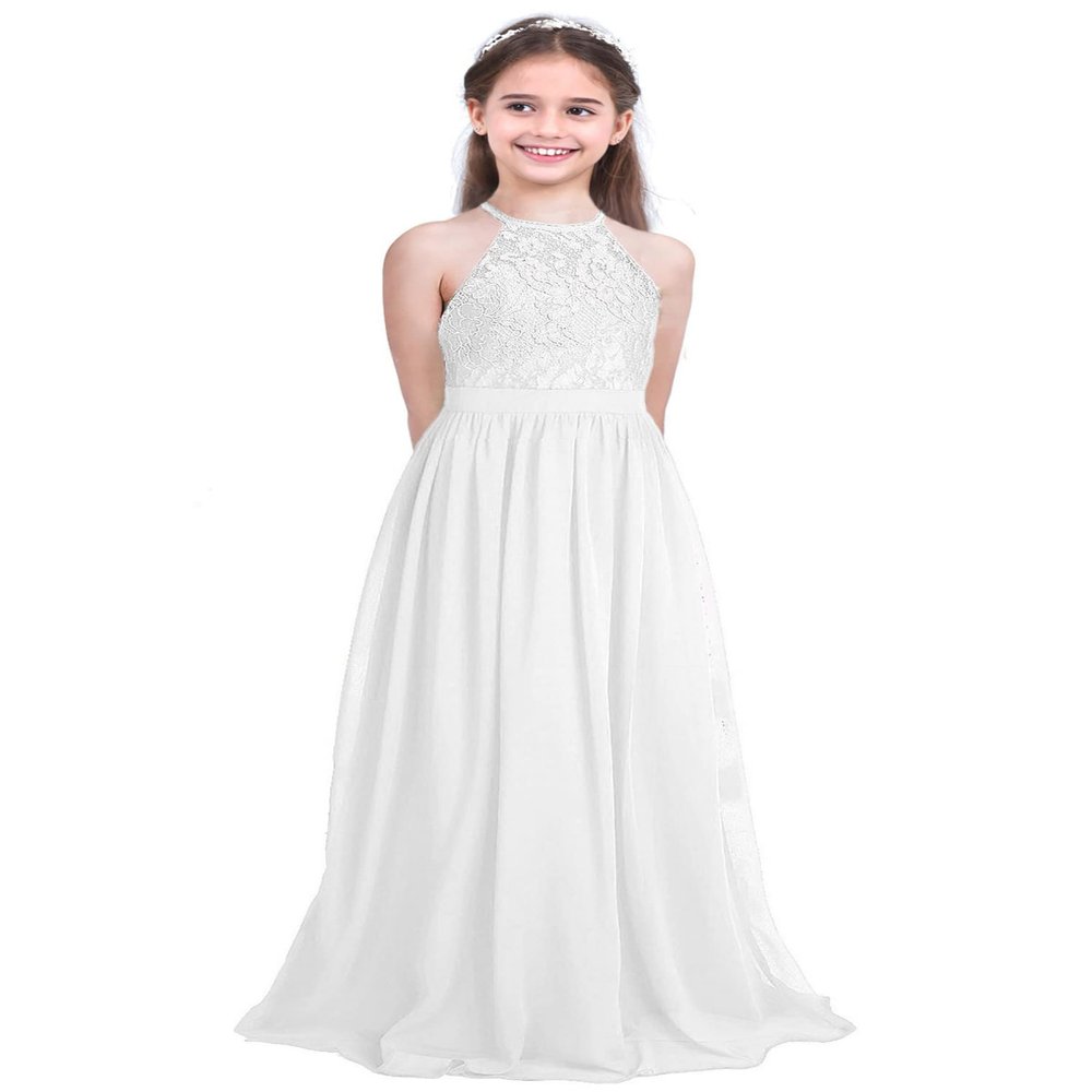renvena Kids Big Girls Lace Chiffon Flower Girl Dress Halter Sleeveless Bridesmaid Wedding Pageant Party Gown White 8