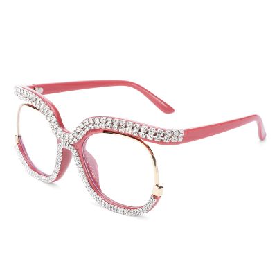 COASION Blue Light Blocking Oversized Glasses Stylish Fake Eyeglasses for Women Round Frame with Clear Lens Eyewear (Pink - Diamond)