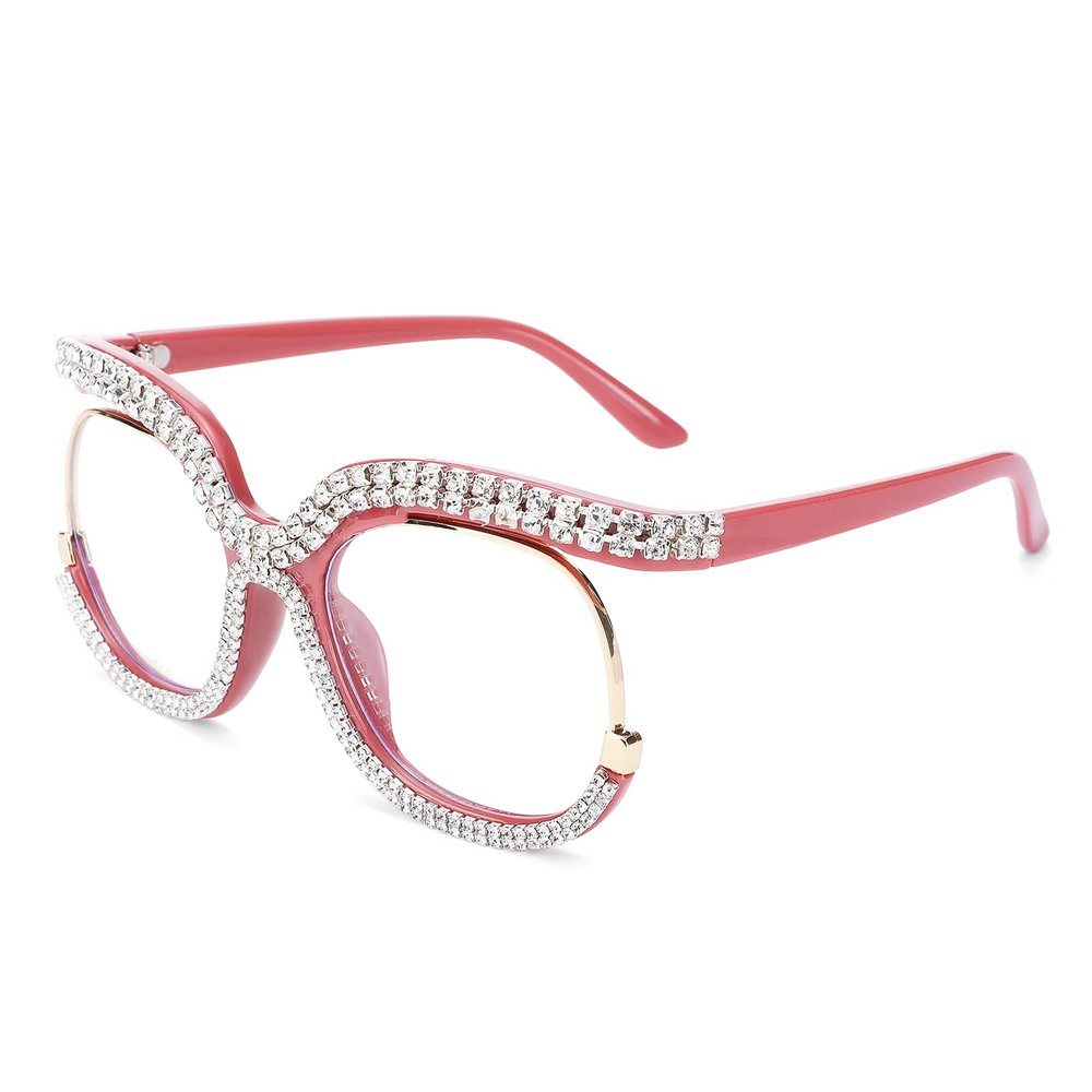 COASION Blue Light Blocking Oversized Glasses Stylish Fake Eyeglasses for Women Round Frame with Clear Lens Eyewear (Pink - Diamond)