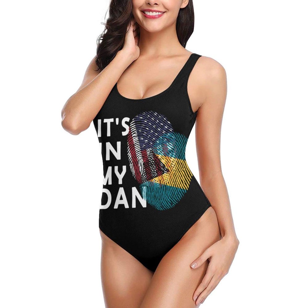 American Bahamian Mix DNA Women's One Piece Retro U Back Swimsuits Tummy Control Padding Bathing Suit High Cut Swimwear X-Large