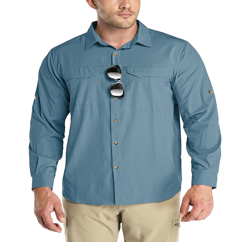 Outdoor Ventures Men's UPF 50+ UV Sun Protection SPF Hiking Shirt Long Sleeve Lightweight Quick Dry for Safari Travel Fishing Blue