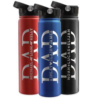 Personalized Dad Water Bottle with Kids Names, 24 Oz, Gifts for Dad From Daughter, Son, Engraved Dad Water Bottle, 9 Colors, 4 Fonts & 5 Icons, Custom Dad Gifts