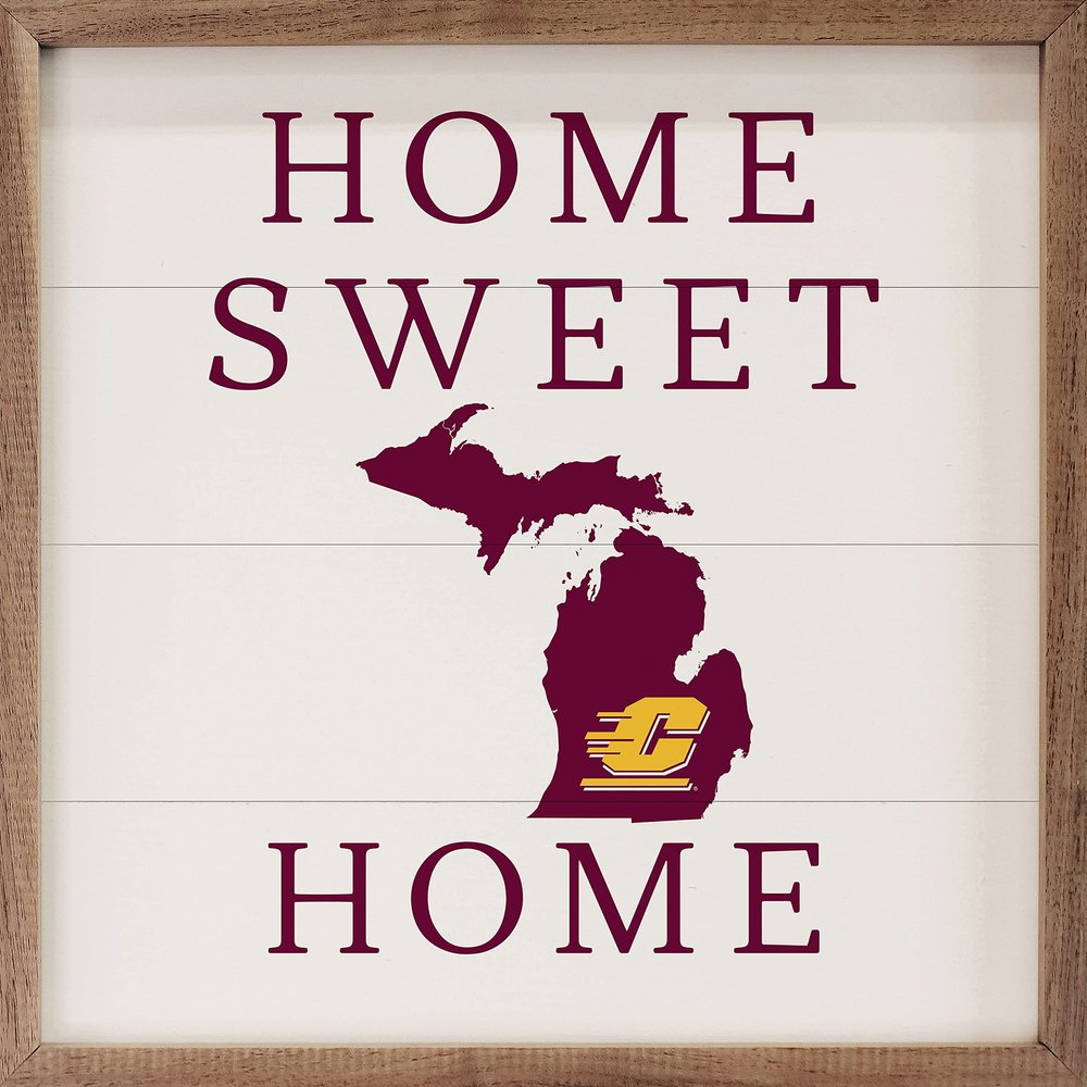 Kendrick Home + Stadium Home Sweet Home Collegiate Framed Square Wood Sign With State And Team Logo (12x12, Home Sweet Home Central Michigan)