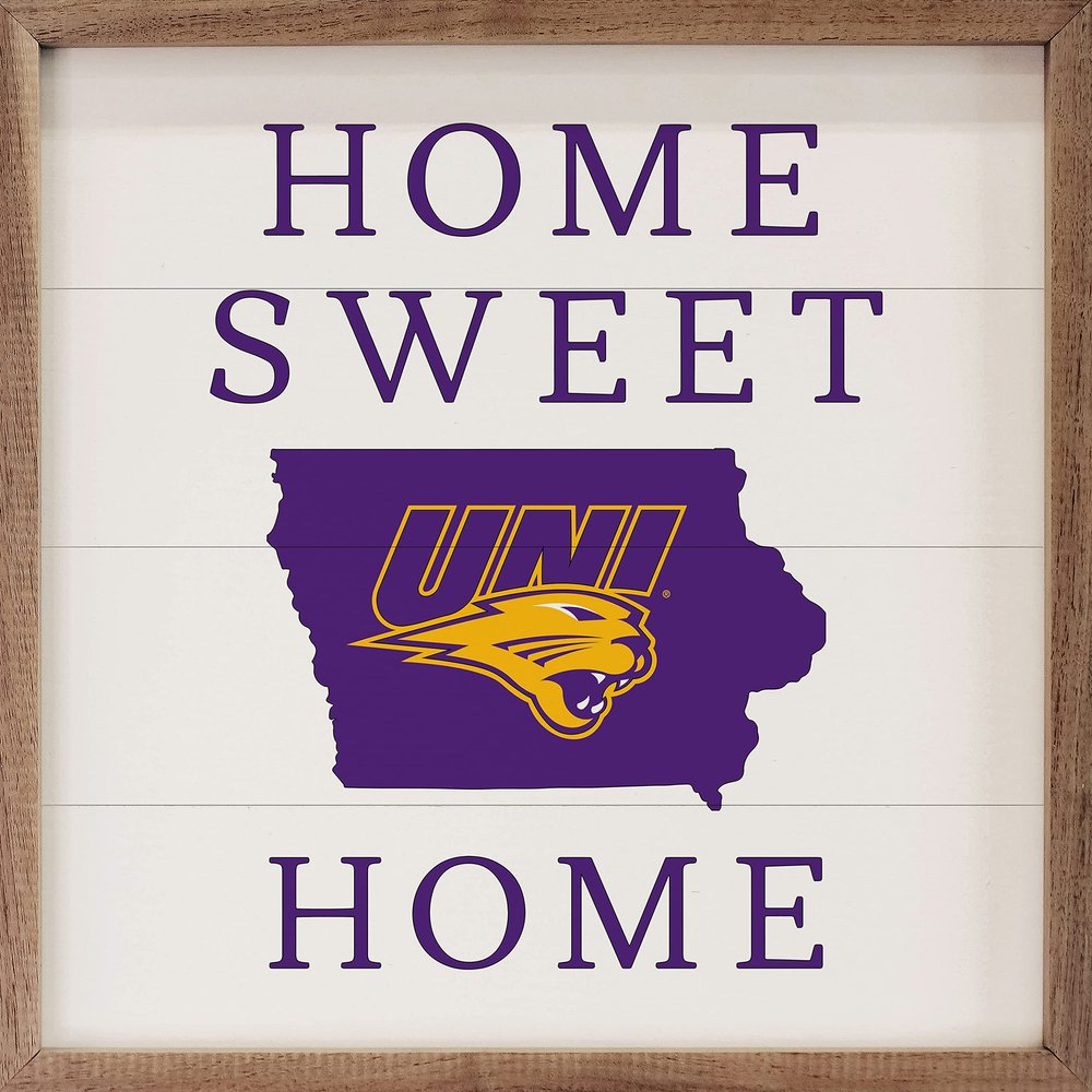 Kendrick Home + Stadium Home Sweet Home Collegiate Framed Square Wood Sign With State And Team Logo (12x12, Home Sweet Home UNI)