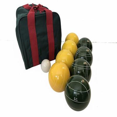 BuyBocceBalls Listing - Made in USA, Premium Quality Engraved Tournament Bocce Set, 998 Grams (2 lbs. 3.2 oz.). Various Bag Colors - 110mm Yellow and Dark Green Balls, Nylon Bag