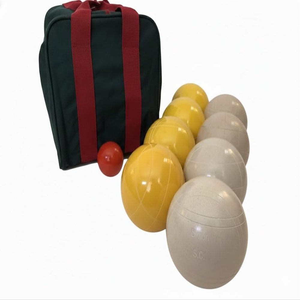 BuyBocceBalls Listing - Made in USA, Premium Quality Engraved Tournament Bocce Set, 998 Grams (2 lbs. 3.2 oz.). Various Bag Colors - 110mm Yellow and White Balls, Nylon Bag