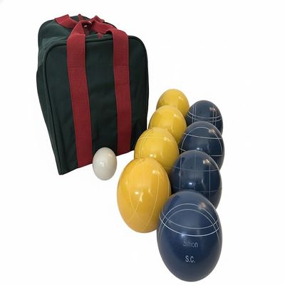 BuyBocceBalls Listing - Made in USA, Premium Quality Engraved Tournament Bocce Set, 998 Grams (2 lbs. 3.2 oz.). Various Bag Colors - 110mm Yellow and Blue Balls, Nylon Bag