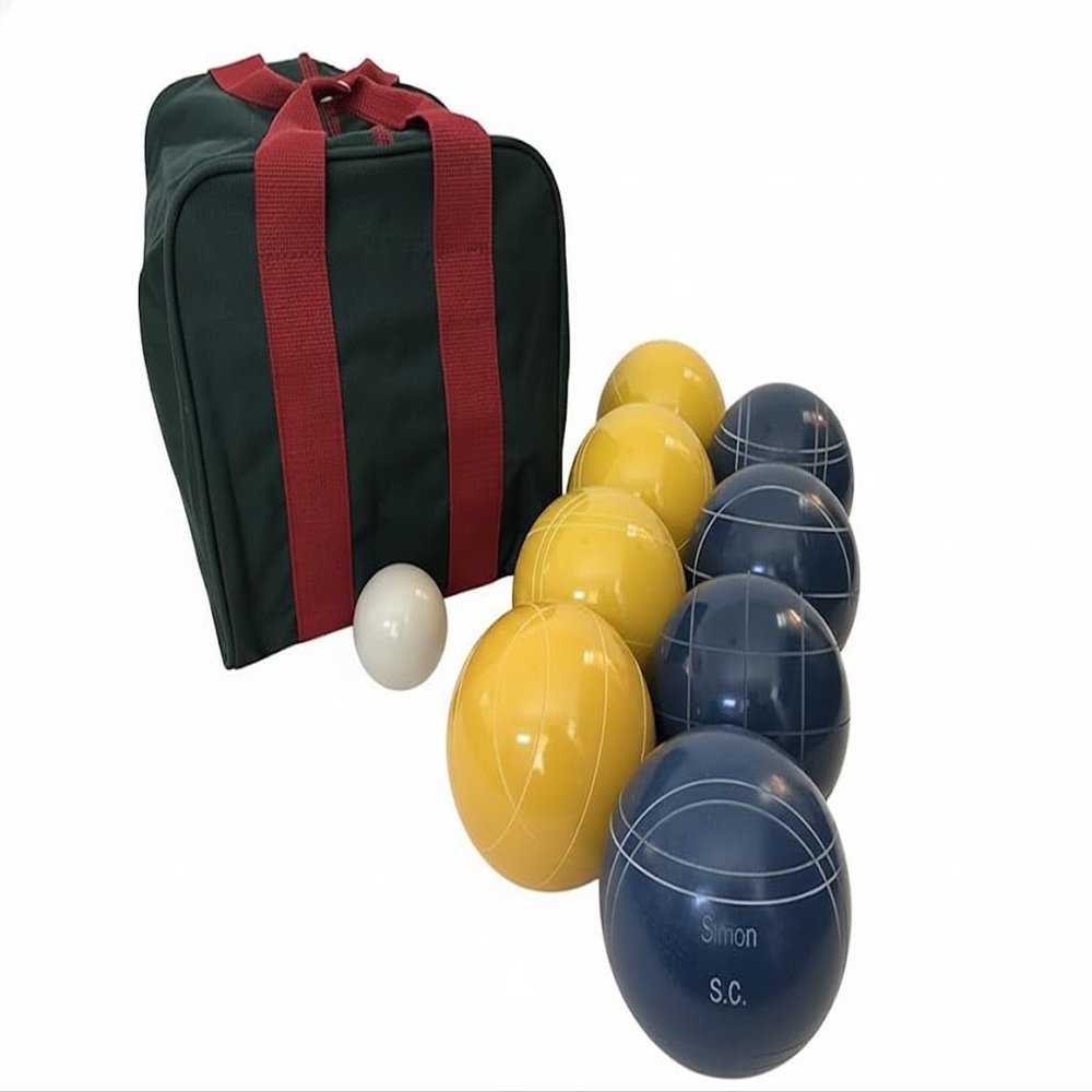 BuyBocceBalls Listing - Made in USA, Premium Quality Engraved Tournament Bocce Set, 998 Grams (2 lbs. 3.2 oz.). Various Bag Colors - 110mm Yellow and Blue Balls, Nylon Bag