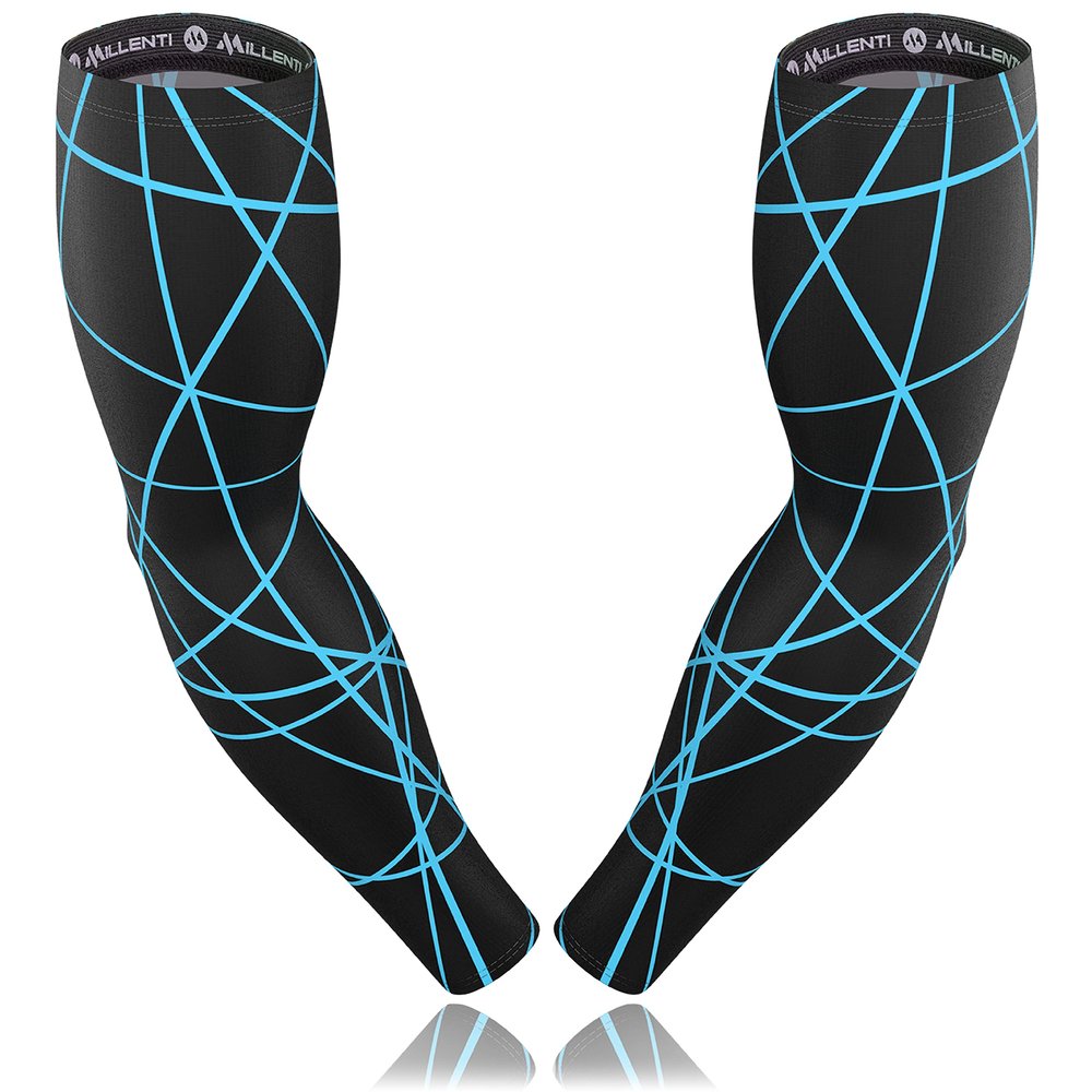 Millenti Cooling Arm Sleeve Compression - Sun Protection Sport Recovery Sleeves, Cools when Wet, Unisex in 4 Sizes - 2pcs (Black with Blue Lines, Medium)