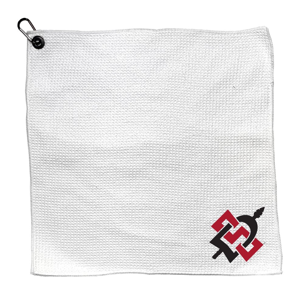 Team Golf NCAA SAN Diego ST Microfiber Towel - 15" X 15" (White) with Carabiner Clip, Premium Microfiber with Deep Waffle Pockets - Superior Water Absorption and Quick Dry Golf Cleaning Towel