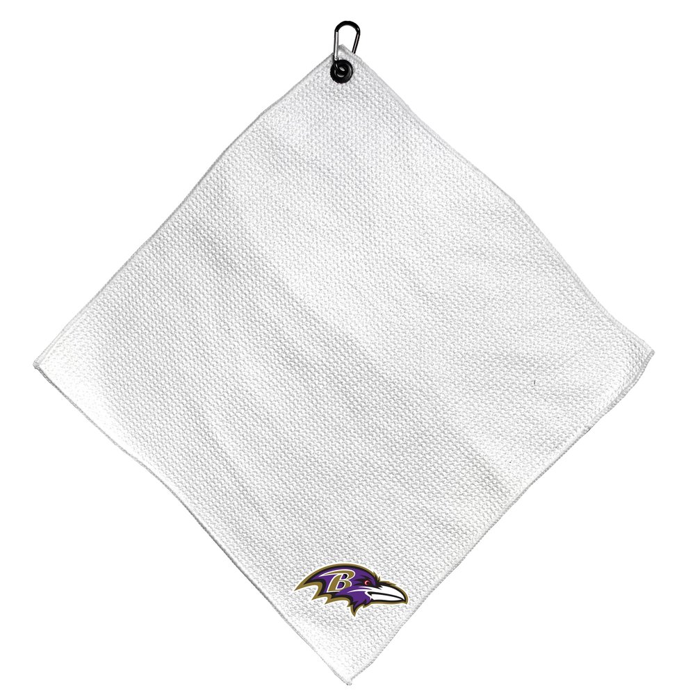 Team Golf NFL BALTIMORE RAVENS Microfiber Towel - 15" X 15" (White) with Carabiner Clip, Premium Microfiber with Deep Waffle Pockets - Superior Water Absorption and Quick Dry Golf Cleaning Towel