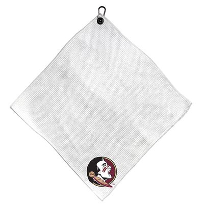 Team Golf NCAA Florida ST Microfiber Towel - 15" X 15" (White) with Carabiner Clip, Premium Microfiber with Deep Waffle Pockets - Superior Water Absorption and Quick Dry Golf Cleaning Towel
