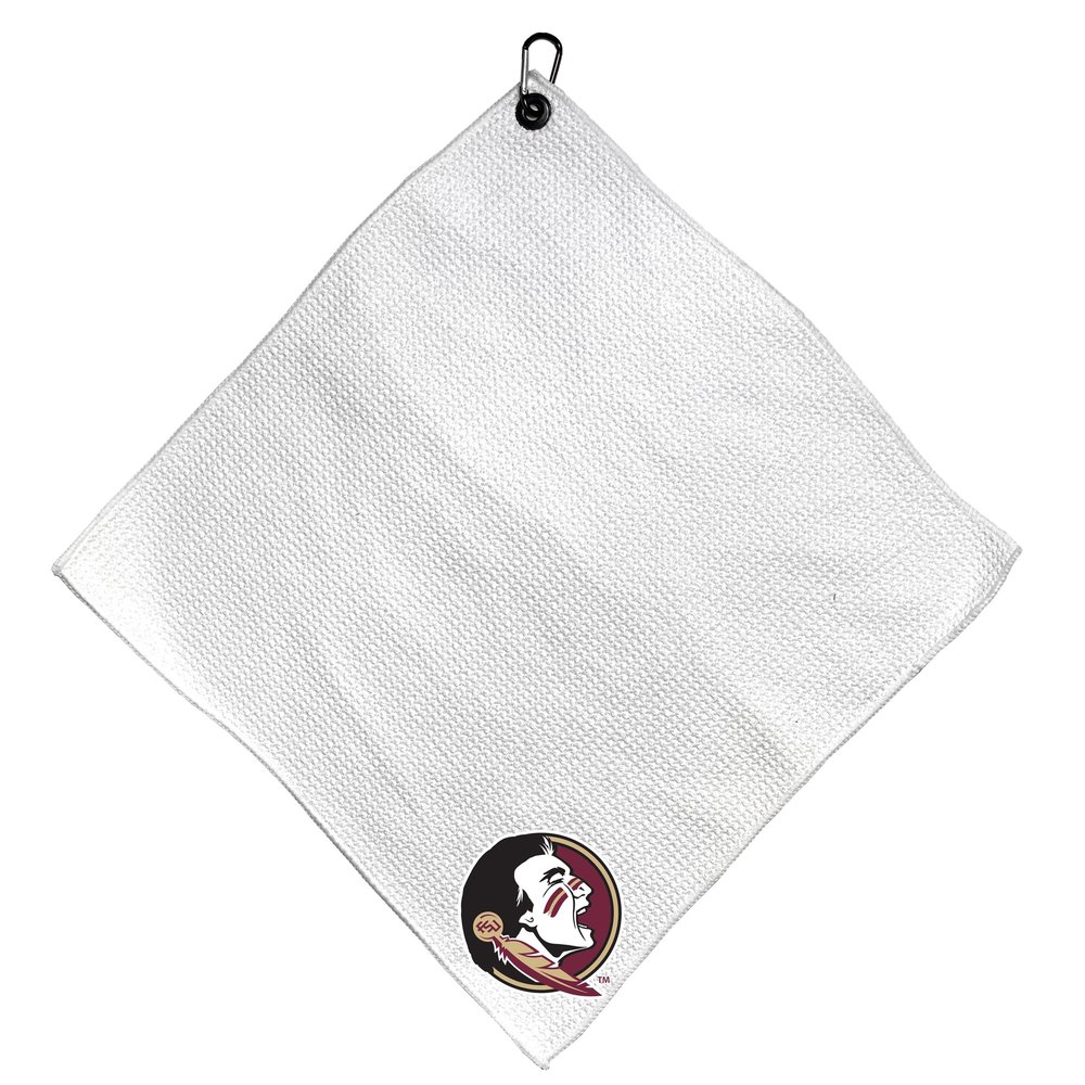Team Golf NCAA Florida ST Microfiber Towel - 15" X 15" (White) with Carabiner Clip, Premium Microfiber with Deep Waffle Pockets - Superior Water Absorption and Quick Dry Golf Cleaning Towel