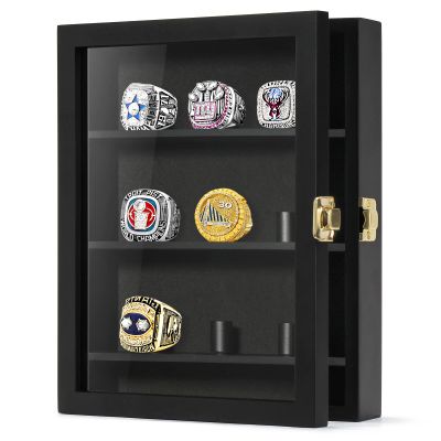 TJ.MOREE Championship Ring Display Case, 9 Posts Baseball & MoreDisplay Case, 8x10 Wall Mount Wooden Glass Shadow Box with Locks - Black