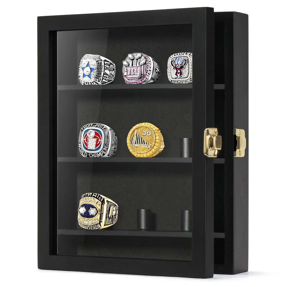 TJ.MOREE Championship Ring Display Case, 9 Posts Baseball & MoreDisplay Case, 8x10 Wall Mount Wooden Glass Shadow Box with Locks - Black