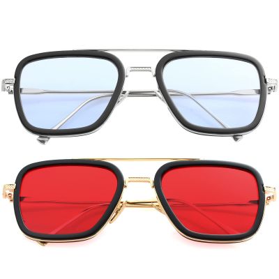 AIEYEZO Tony Stark Sunglasses Vintage Square Metal Frame Eyeglasses for Men Women - Iron Man and Edith Sun Glasses (Spider Man Same Color + Gold/Ocean Red)