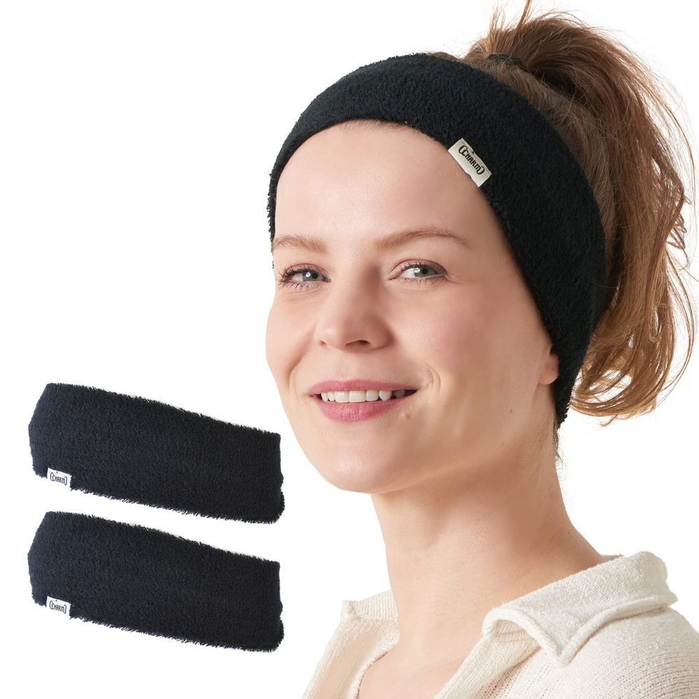 CHARM Mens Sports Headband 2-Pack - Towel Bandana Sweat Wicking Pair Active Wear Black