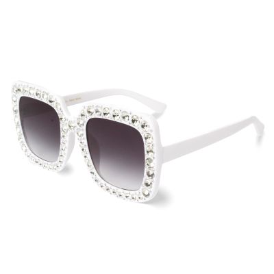 TruFabV Bling Bedazzled Elton Sunglasses Womens Mens, 70s Disco Rhinestone Glasses Sparkly Glitter Diamond Festival Shades (4 - White)