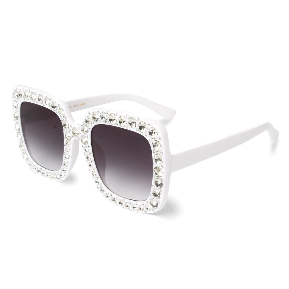 TruFabV Bling Bedazzled Elton Sunglasses Womens Mens, 70s Disco Rhinestone Glasses Sparkly Glitter Diamond Festival Shades (4 - White)