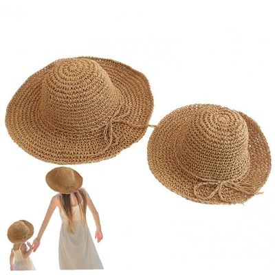 TOSSPER 2 Pcs Parent-Child Straw Hat Family Matching Summer Hat Foldable Wide Beach Cap for Women's Baby Girls