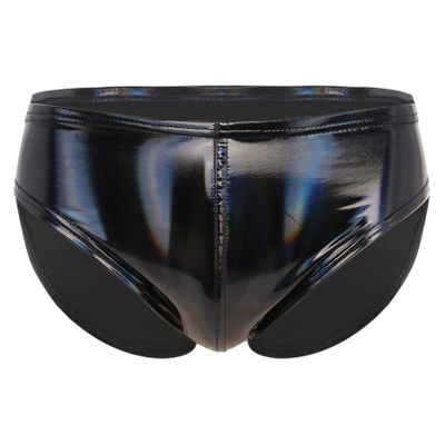 Loloda Men Shiny Liquid Metallic Underwear Bikini Swimsuit Bulge Pouch Swim Trunks Black B XX-Large