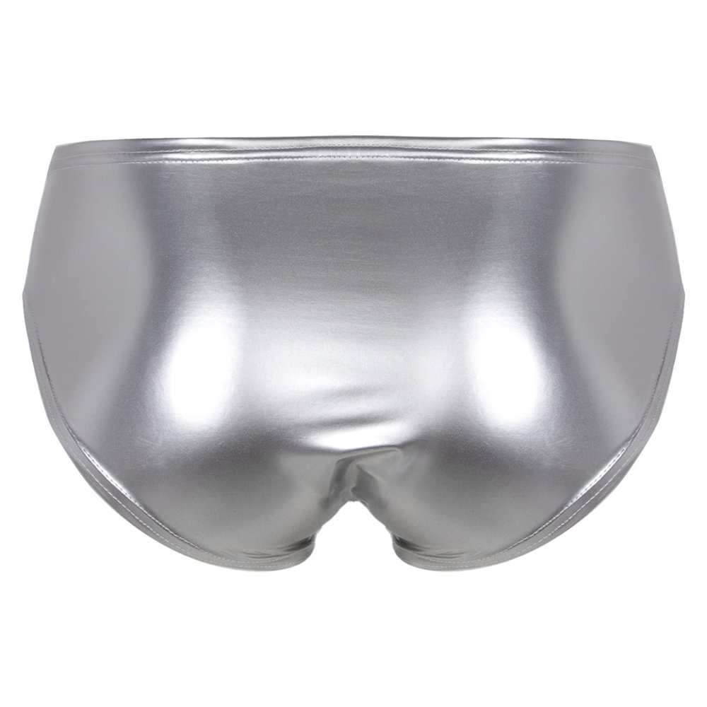 Loloda Men Shiny Liquid Metallic Underwear Bikini Swimsuit Bulge Pouch Swim Trunks Silver Large