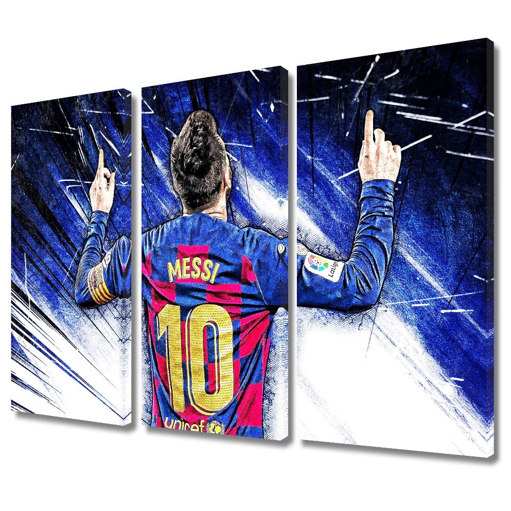 3 Panels Canvas Wall Art Soccer Star Lionel Messi Paintings Inspirational Poster Artwork for Houses Wall Decoration Poster Print Home Decor Framed Gallery Wrapped Stretched Ready to Hang 36x24 in