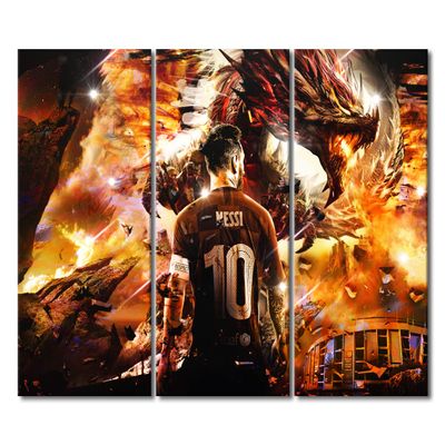 Canvas Wall Art Boys Room Decor Fire Dragon Lionel Messi Pictures 3 Piece Canvas Wall Art Inspirational Poster House Decor Print for Room Bedroom Living Room Decor Framed Ready to Hang 60x40 in