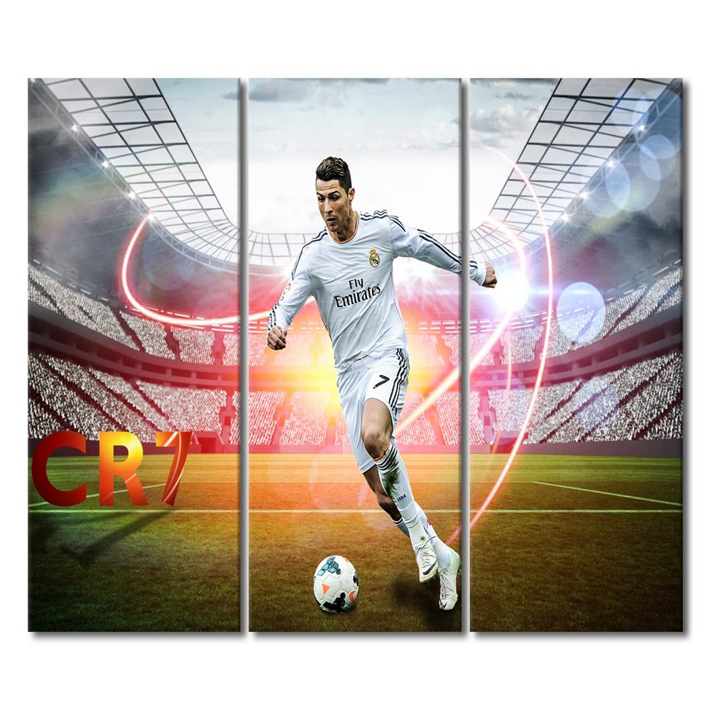 Famous Football Superstar 3 Pieces Canvas Wall Decor Poster Portuguese Professional Football Player Painting Artwork Canvas Print for Bedroom Living Room Decorations Framed Ready to Hang 60x40 in