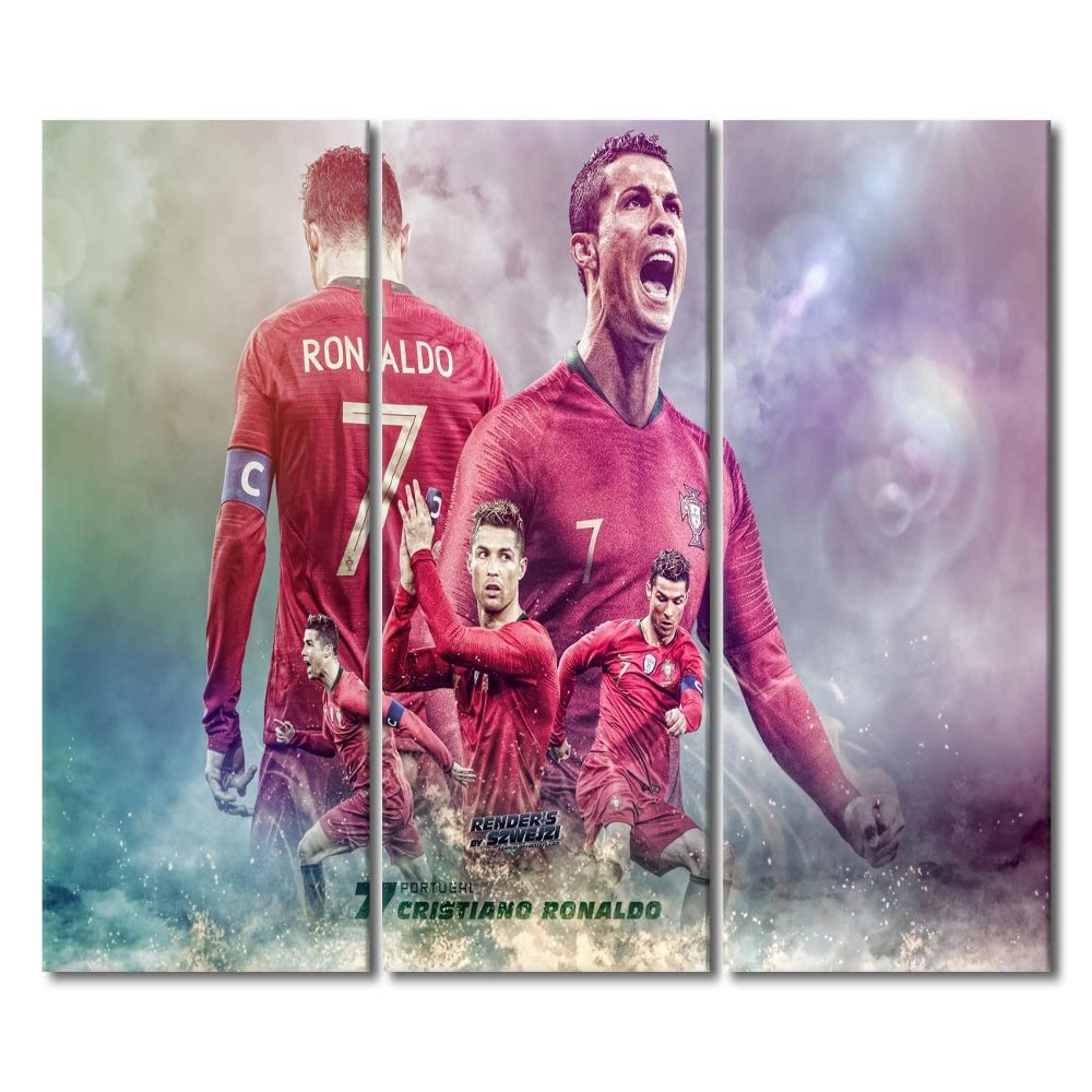 TISHIRON Soccer Superstar Poster Canvas Wall Art 3 Pieces Portuguese Professional Football Player Ronaldo Painting Large Art Canvas Decor Posters for Living Room Prints Framed Ready to Hang 60x40 in
