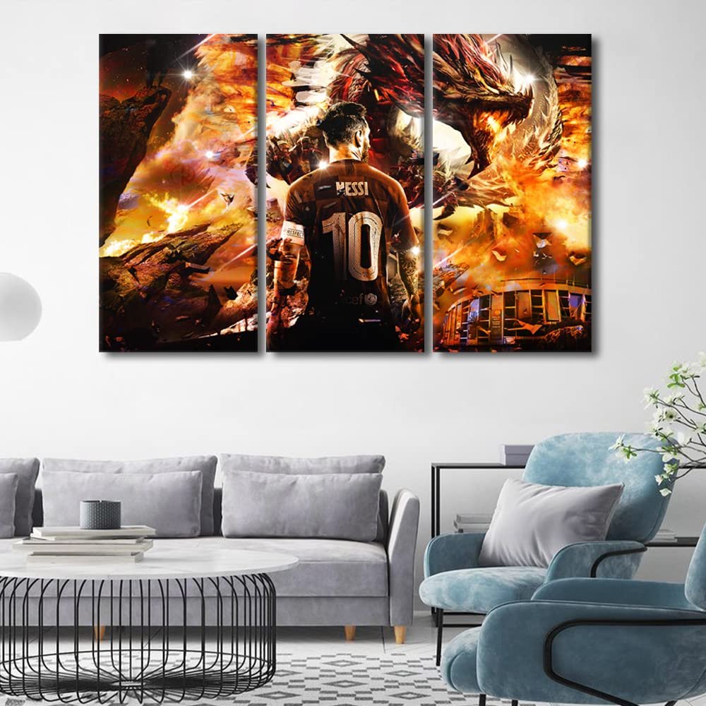 3 Piece Canvas Wall Decor Soccer Sports Poster Lionel Messi Fire Dragon Pictures Cool Paintings Artwork Canvas Print for Room Bedroom Living Room Office Decorations Framed Ready to Hang 42x28 in