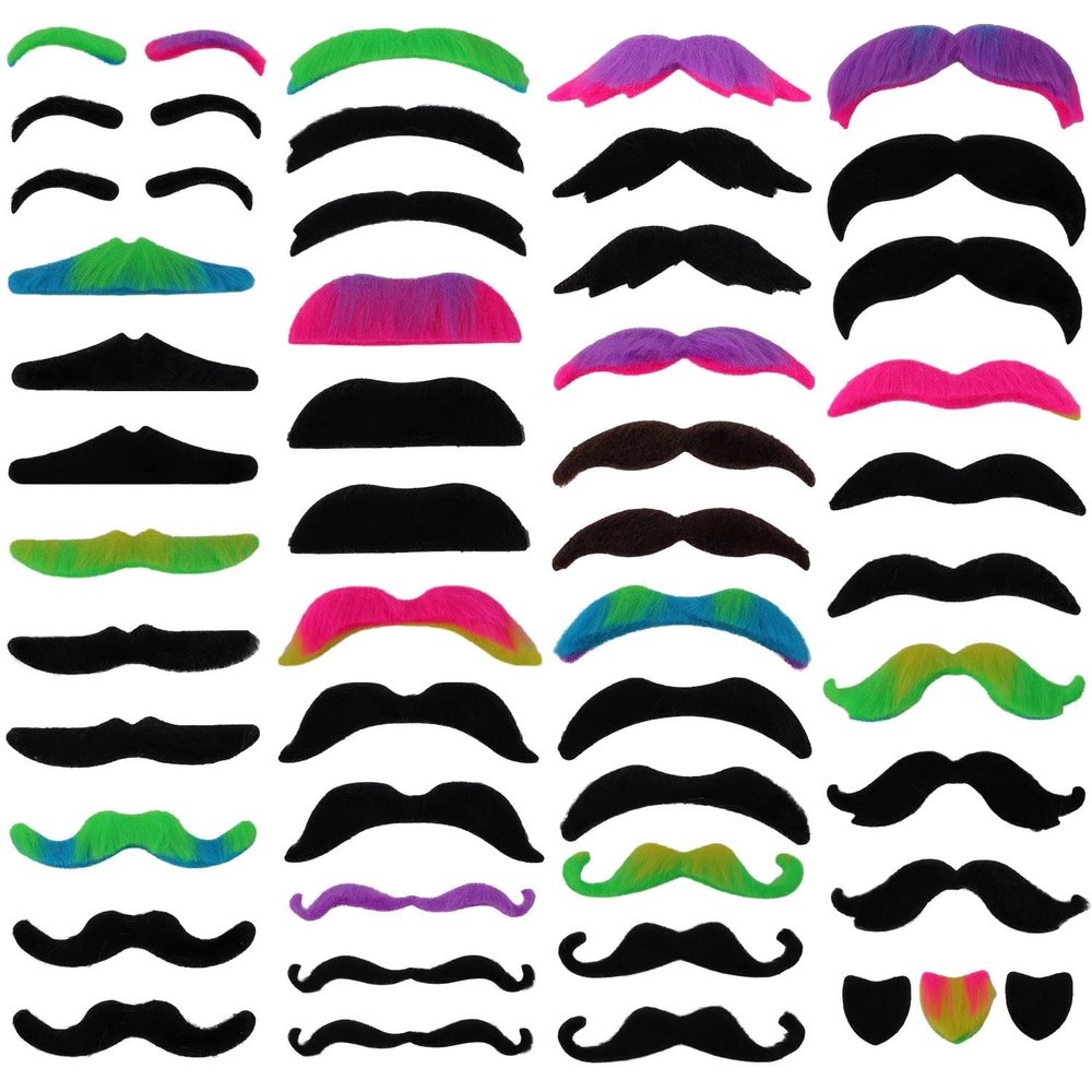 48 Pcs Fake Mustaches,16 Style Self Adhesive Novelty Mustache Stickers,Colorful Fake Beard,Fiesta Masquerade Party Supplies