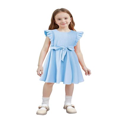 AGQT Toddler Girls Summer Dress Flutter Sleeve Dress A-Line Casual Mini Dress Sleeveless Sundress with Belt Light Blue Size 2-3T
