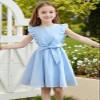 AGQT Little Girls Summer Dress Flutter Sleeve Dress A-Line Casual Mini Dress Sleeveless Sundress with Belt Light Blue Size 6-7T view 3