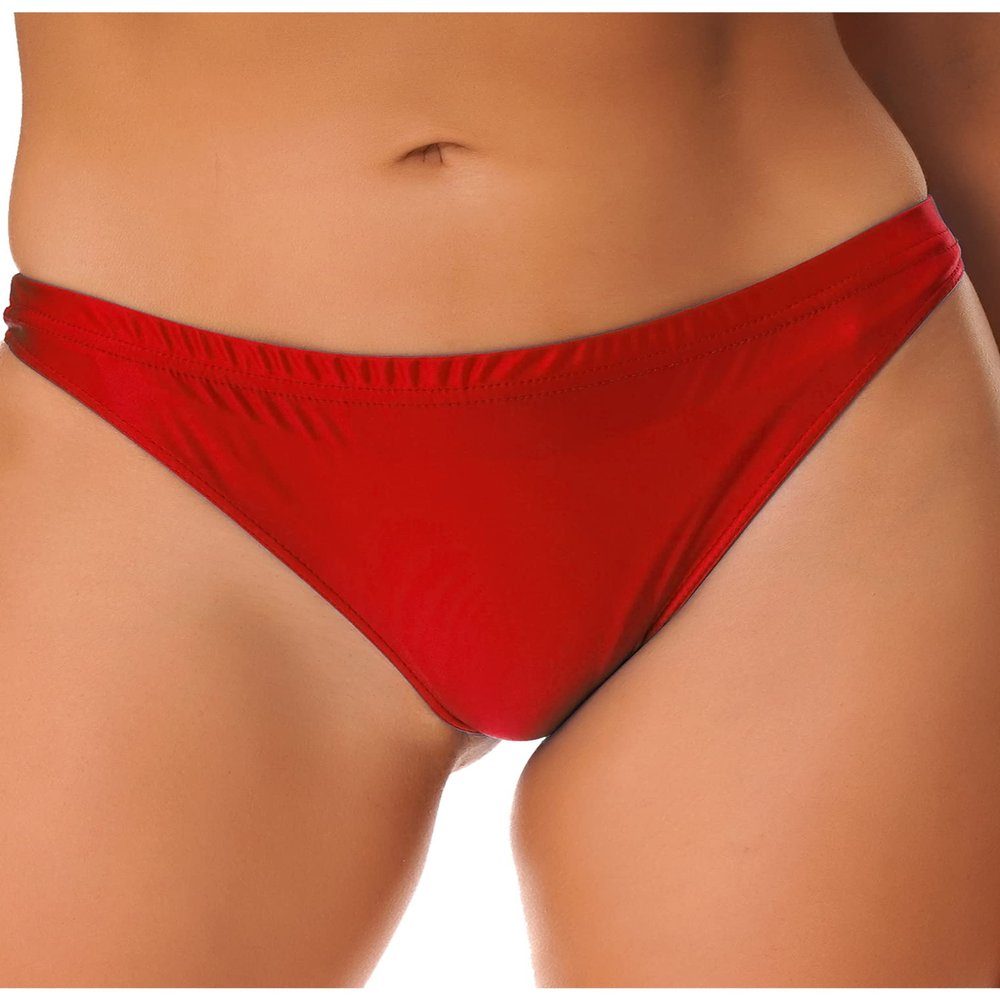 ACSUSS Women Oily Glossy Shorts Sexy Solid Bikini Bottoms Shiny Silky Smooth Pants Sexy Tights Underwear Red X-Large