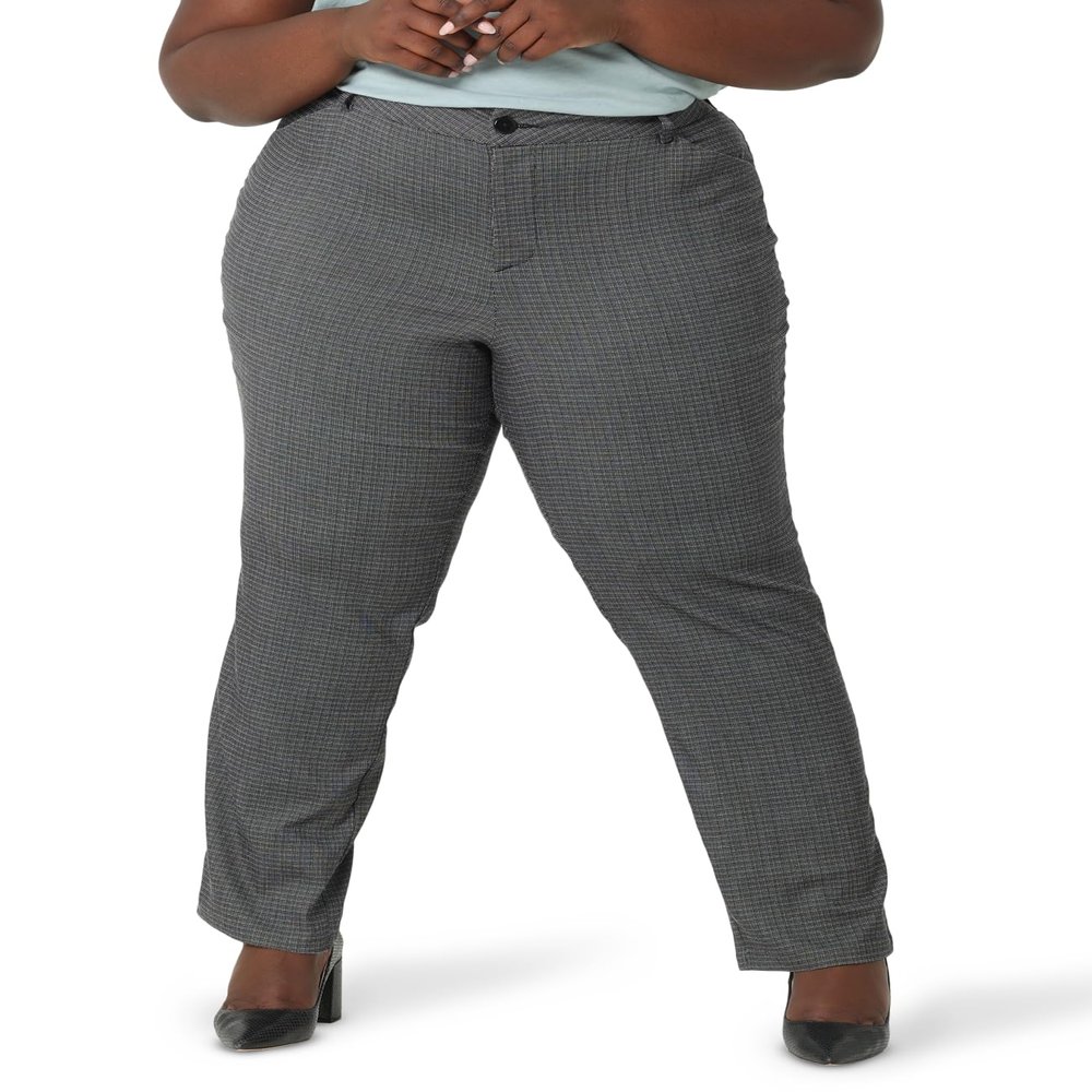 Lee Women's Plus Size Wrinkle Free Relaxed Fit Straight Leg Pant, Black/White Rockhill Plaid, 22 Plus Long