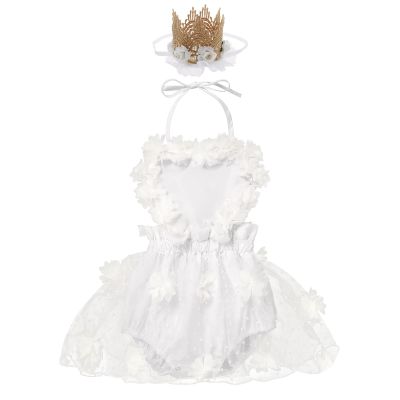 Baby Girls 1st Birthday Outfit Floral Lace Romper Ruffle Short Sleeve Backless Princess Party Tutu Dress Crown Headband Cake Smash Clothes for Photo Shoot 2Pcs Sets White 3D Flower 0-6 Months